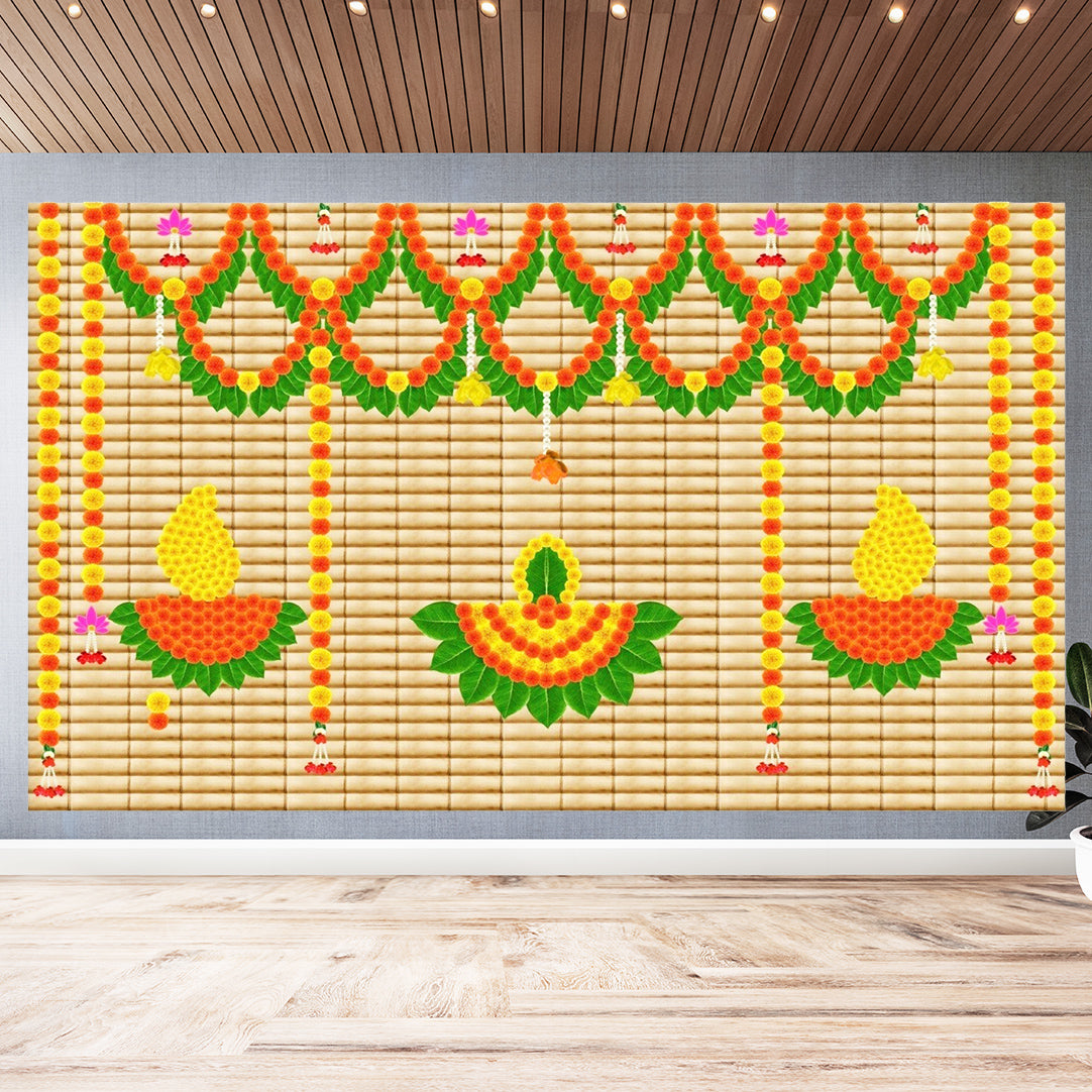 Marigold flower with flower and leaf Diya Backdrop Curtain for Decoration Backdrop Cloth for Pooja Decoration Traditional Size (5x8) FT