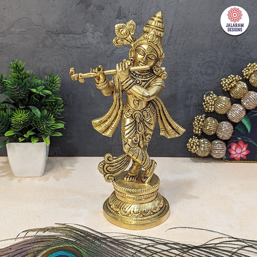 Brass Handcrafted Lord Krishna Idol - Unique Divine Sculpture | For Temple, Home, Office, Pooja, Decor, Gifts