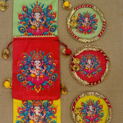 Ganesha Potli Bag with Tilak/Haldi Kumkum Platter | Diwali. Pooja, Baby Shower, Housewarming Return Gift
