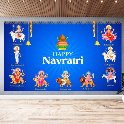 Goddess Navdurga nine Devi for the celebration of Navratri Design Backdrop Cloth for Pooja Decoration Traditional Background Size (5x8) FT