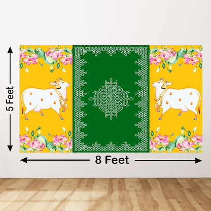 Two cows with Kollam (muggu) Design Backdrop Curtain for Decoration Backdrop for Pooja Decoration Traditional Size (5x8)FT