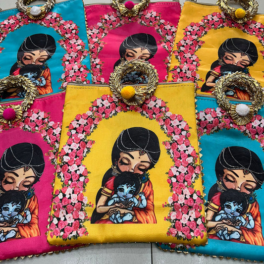 Krishna And Yashoda Maa Zipper Bag | Babyshower Giftbag | Housewarming Giftbag | Indian Favor Bag | Festive Gift Bag