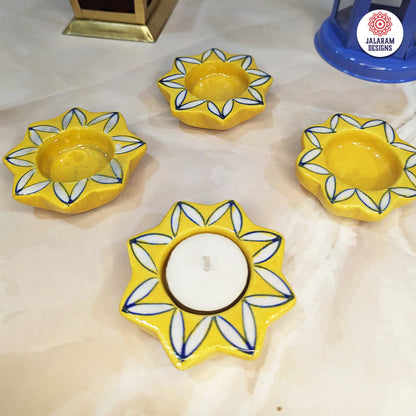 Blue Pottery Yellow Flower Design Tea Lights - Single Piece