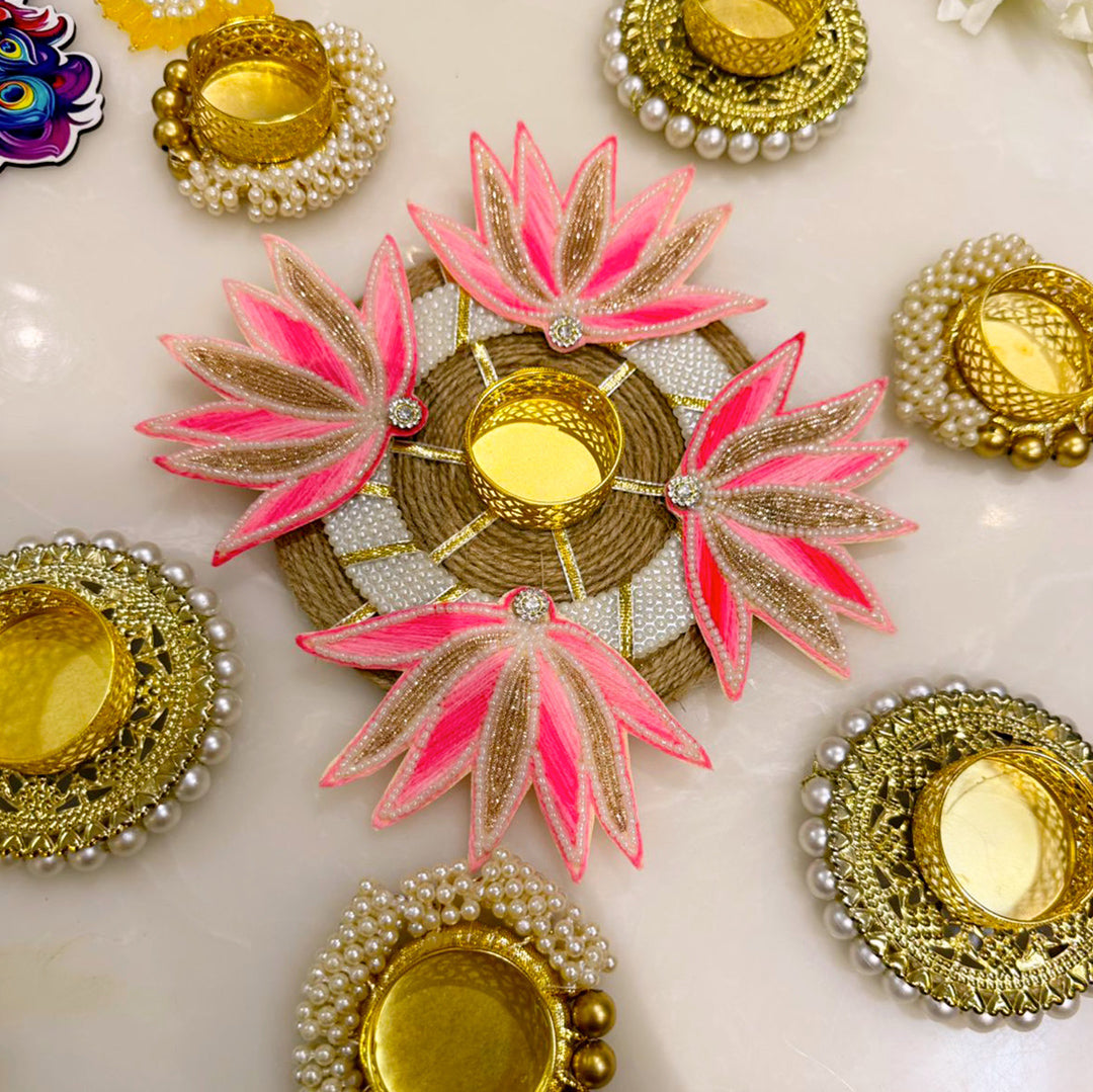 (Set of 7) Pink Lotus Decorative Rangoli Set – Elegant Acrylic Rangoli for Diwali & Home Decor