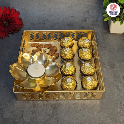 Metal Tray With Flower Diya