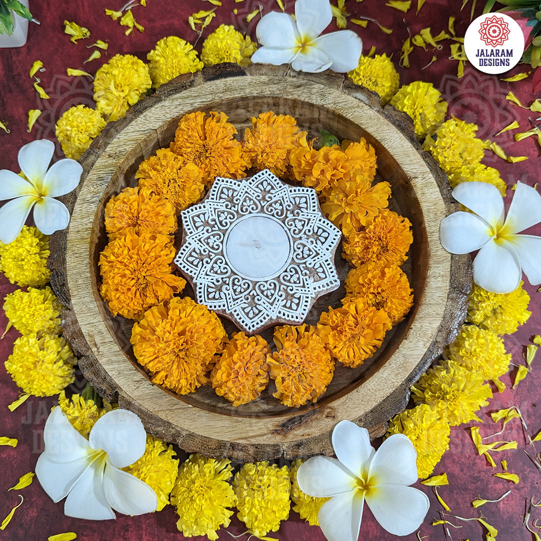 Flower Shaped Wooden Block Tea Light Holder