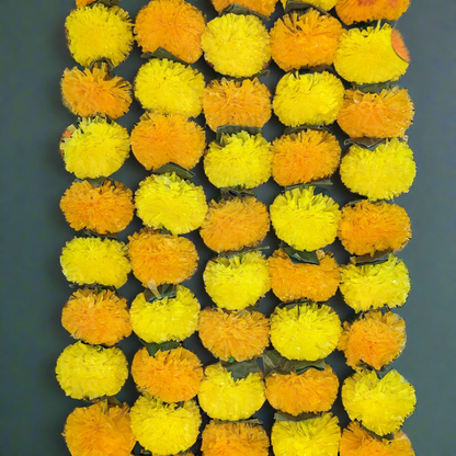 Decorative Lemon Yellow And Mango Yellow  Marigold Flower And Green Leaves Garland Strings