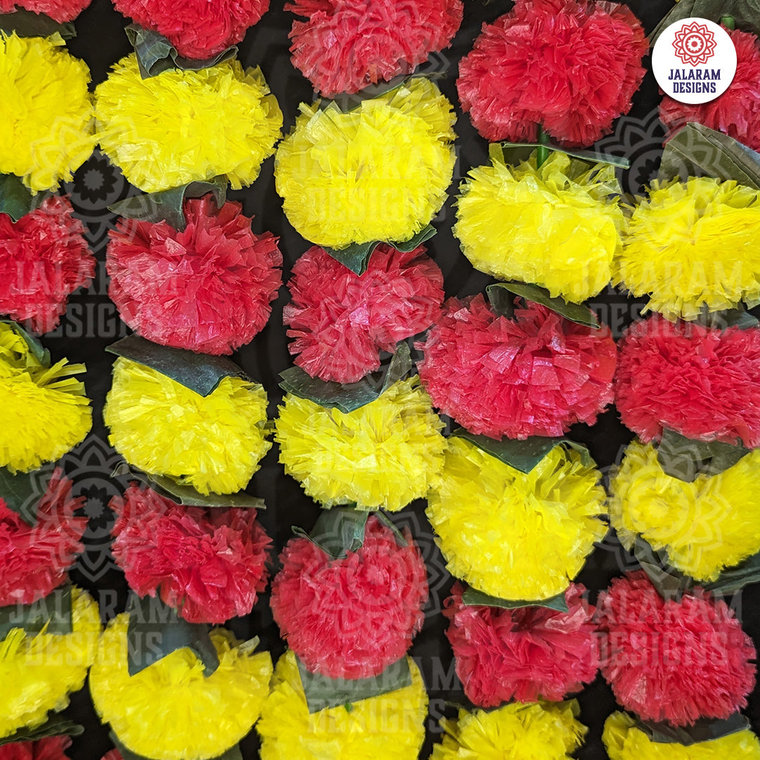 Decorative Yellow And Red Marigold Flower And Greean Leaves Garland Strings