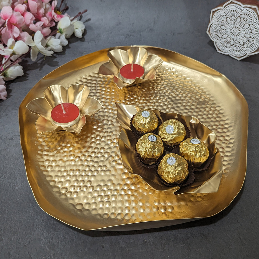 Decorative Metal Tray  With Leaf And Diyas