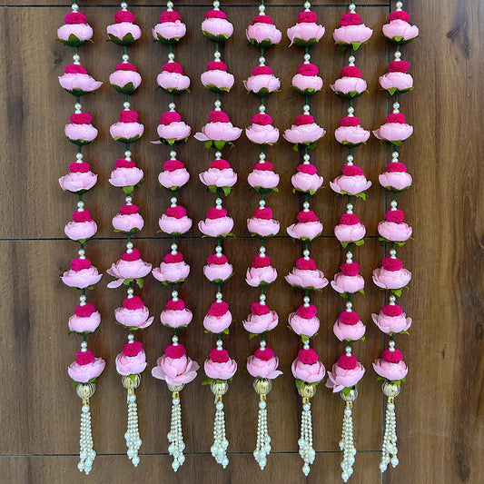 Light Pink Peony Rose & Pearl Latkan – Elegant Hanging Decoration for Pooja, Festivals, Home Temple, Door, and Backdrop Decor – Handmade Floral Tassel with Artificial Flowers and Beads