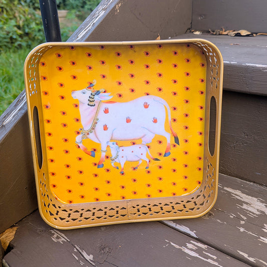 Square Golden Tray with Yellow Pichwai Cow Art – 8 Inch Decorative Tray for Festive & Home Décor