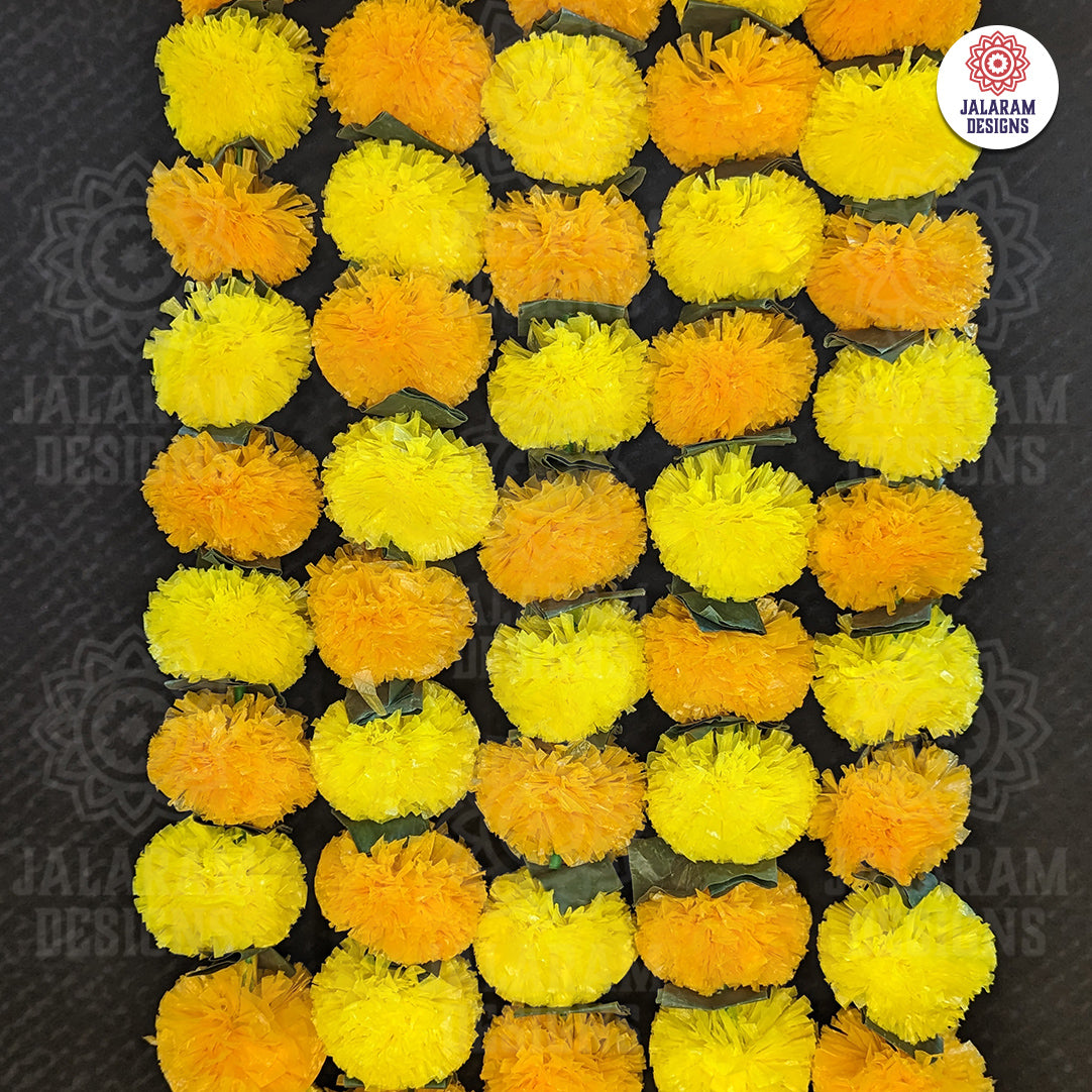 Decorative Lemon Yellow And Mango Yellow  Marigold Flower And Green Leaves Garland Strings