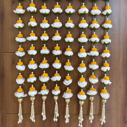 White Peony Rose & Pearl Latkan – Elegant Hanging Decoration for Pooja, Festivals, Home Temple, Door, and Backdrop Decor – Handmade Floral Tassel with Artificial Flowers and Beads