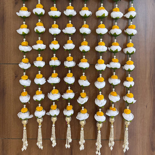 White Peony Rose & Pearl Latkan – Elegant Hanging Decoration for Pooja, Festivals, Home Temple, Door, and Backdrop Decor – Handmade Floral Tassel with Artificial Flowers and Beads