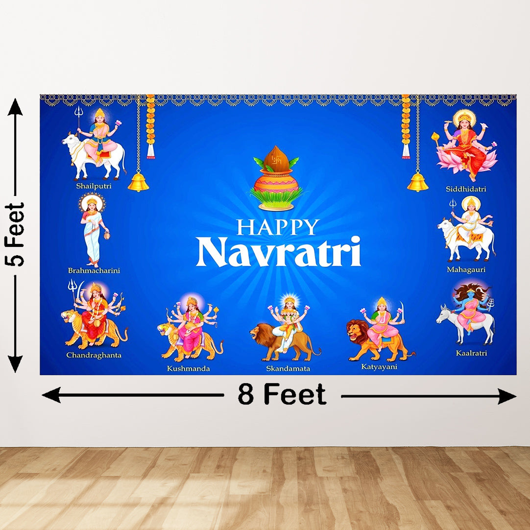 Goddess Navdurga nine Devi for the celebration of Navratri Design Backdrop Cloth for Pooja Decoration Traditional Background Size (5x8) FT