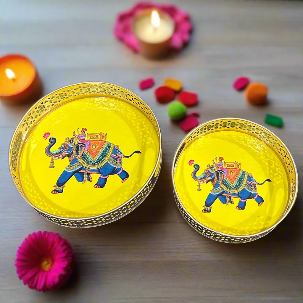 Circular Golden Tray With Pichwai Elephant Art Picture (Set of 2)