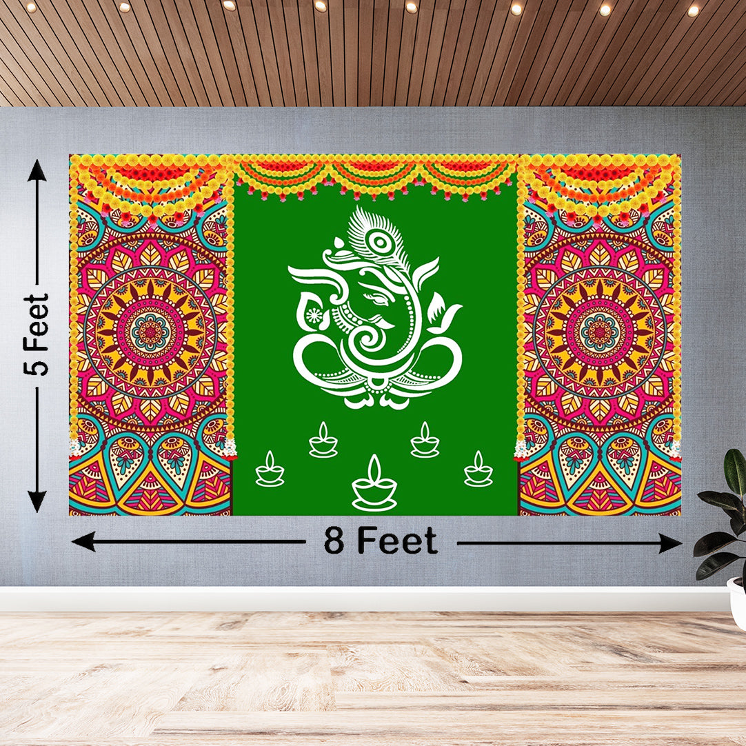 Indian Tradition Hanging Flower With Rangoli (Muggu) and GANESH JI Design Decoration Backdrop Cloth for Pooja Decoration Size (5x8) FT