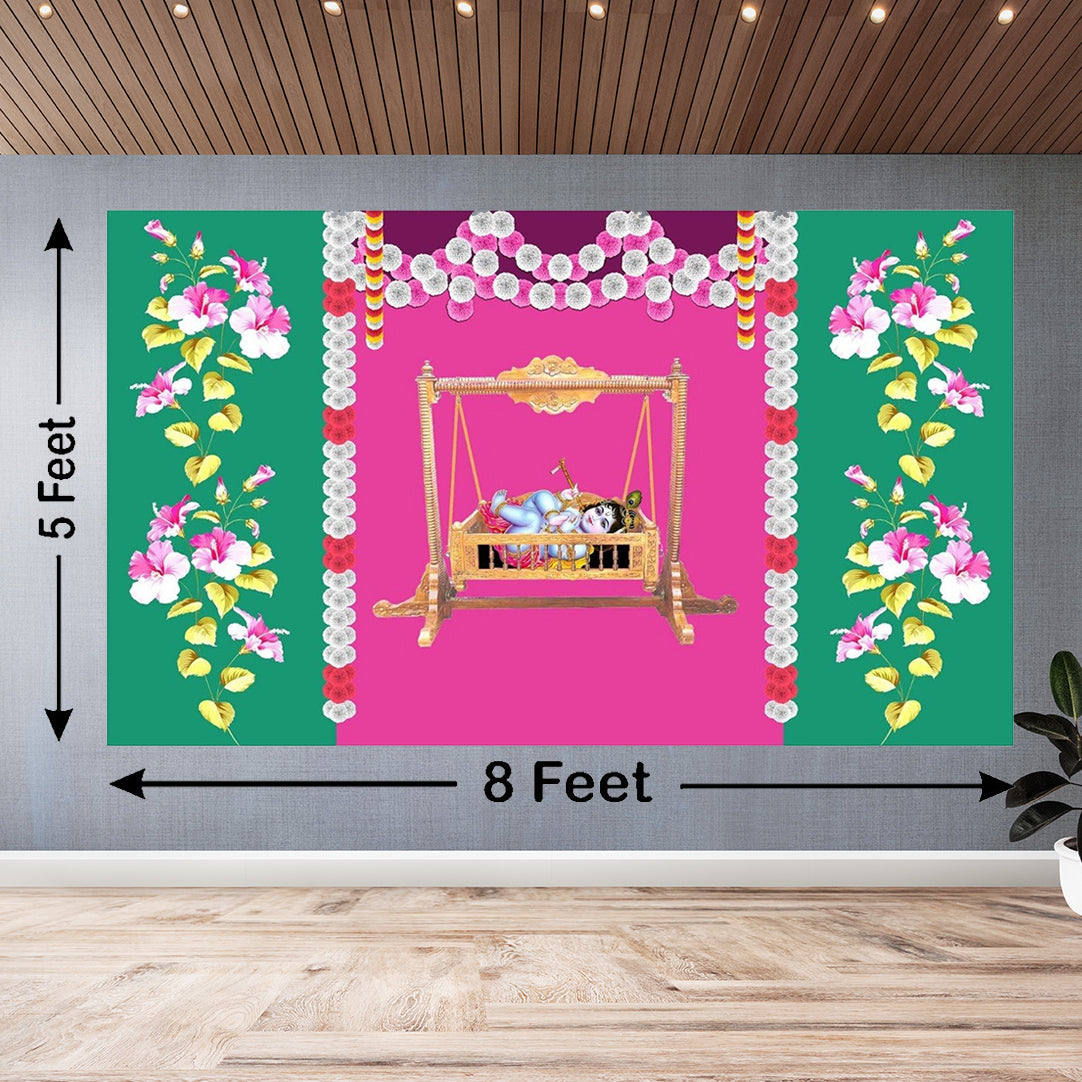 Little Krishna in Cradle design Backdrop for Pooja Decoration Traditional / Background Curtain for Pooja Size (5x8) FT