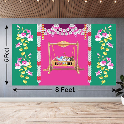 Little Krishna in Cradle design Backdrop for Pooja Decoration Traditional / Background Curtain for Pooja Size (5x8) FT