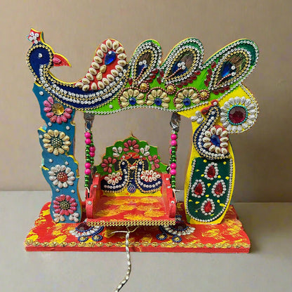 Beautiful Wooden Handicrafted Peacock Swing Jhula for Laddu Gopal Krishna for Home Mandir Temple