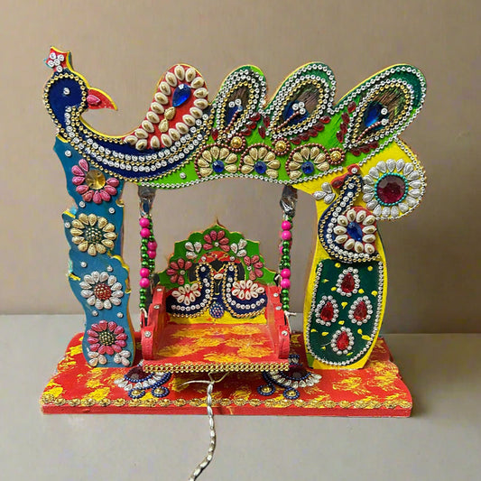 Beautiful Wooden Handicrafted Peacock Swing Jhula for Laddu Gopal Krishna for Home Mandir Temple