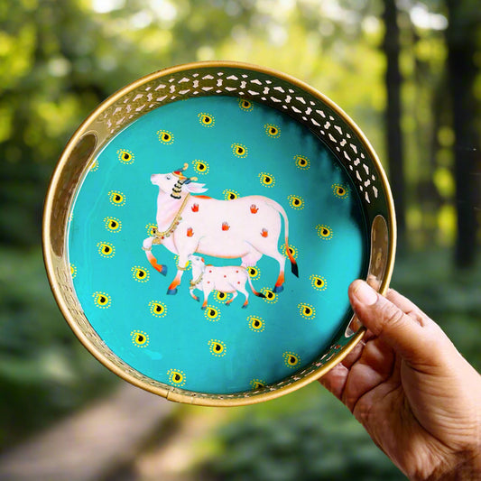 Circular Golden Tray with Blue Pichwai Cow Art – 8 Inch Decorative Tray for Festive & Home Décor
