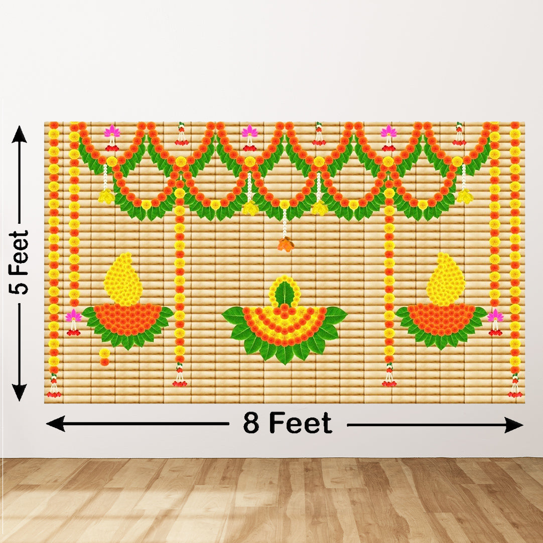 Marigold flower with flower and leaf Diya Backdrop Curtain for Decoration Backdrop Cloth for Pooja Decoration Traditional Size (5x8) FT