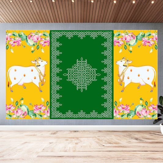 Two cows with Kollam (muggu) Design Backdrop Curtain for Decoration Backdrop for Pooja Decoration Traditional Size (5x8)FT