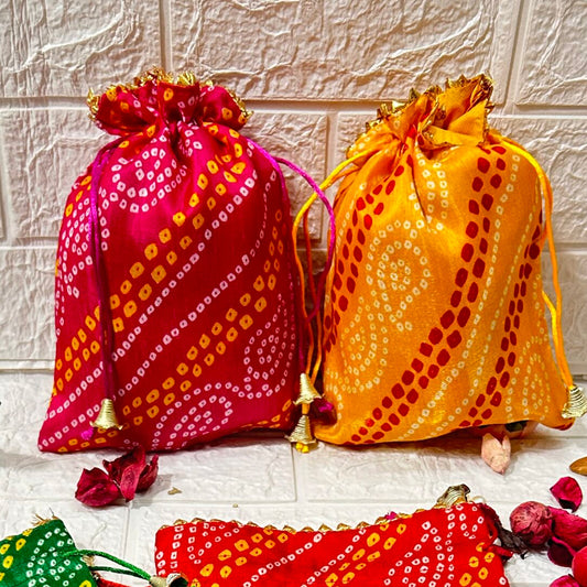 Bandhej Fabric Potli Bags | Assorted Return Gift Bags | Wedding Favor Bags | Festive Giveaway Bags | 7x9 Inch Drawstring Pouches