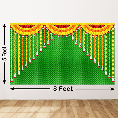 Hanging Marigold Flower and Weaved Coconut Leaf(Kobbariaaku) Design Backdrop Cloth for Pooja Decoration Traditional Background Size (5x8)FT