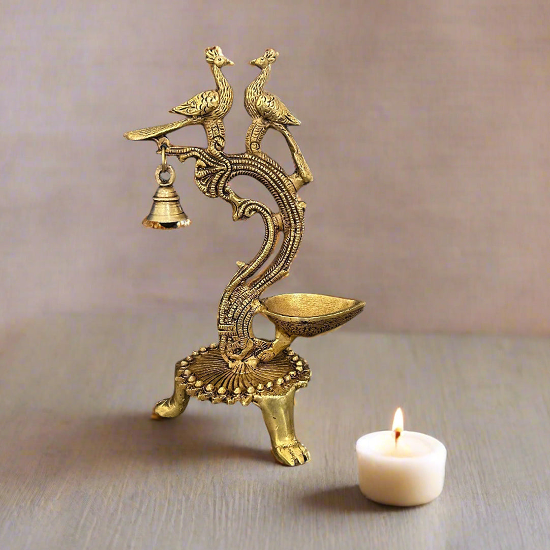 Ethnic Carved Twin Peacock Over Brass Diya