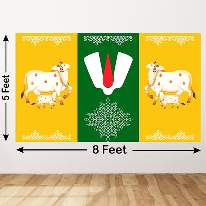 Tirupati Balaji Tilak with Cows and Muggu Design Backdrop Curtain for Decoration Backdrop for Pooja Decoration Traditional Size (5x8)FT