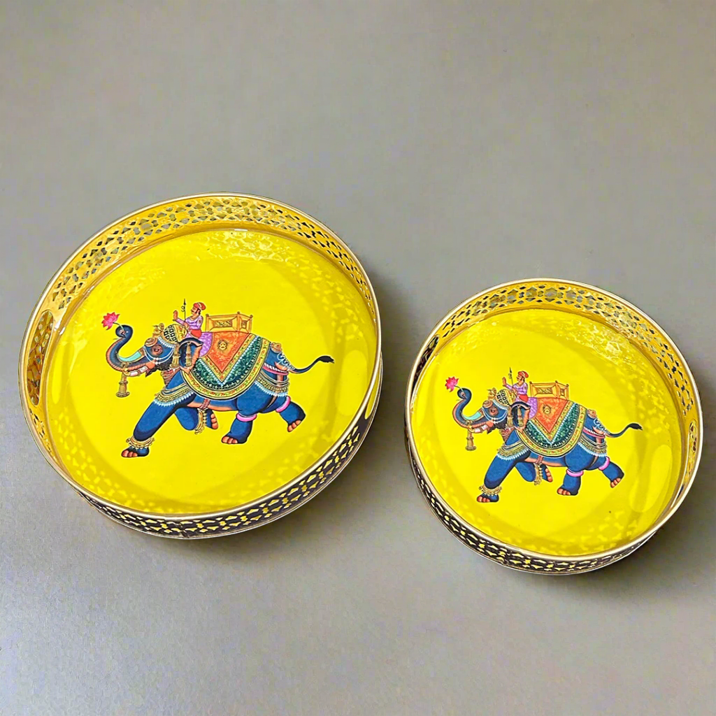 Circular Golden Tray With Pichwai Elephant Art Picture (Set of 2)