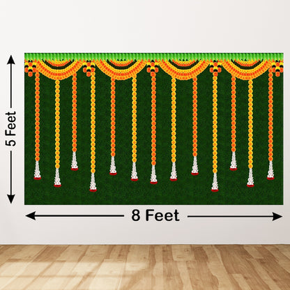 Hanging Flower with Green Grass Background Design Backdrop Curtain for Decoration Backdrop for Pooja Decoration Traditional Size (5x8)FT