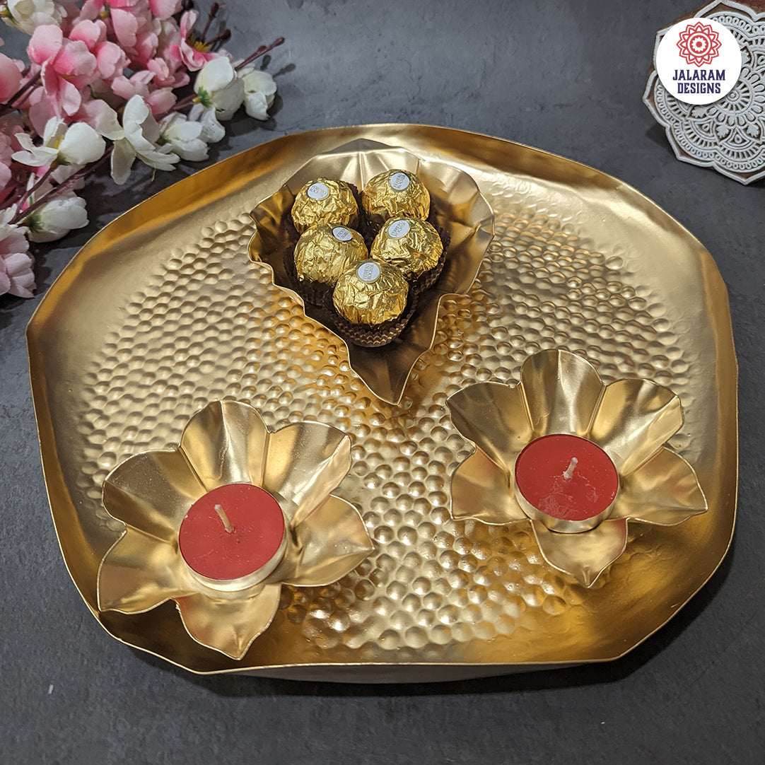 Decorative Metal Tray  With Leaf And Diyas