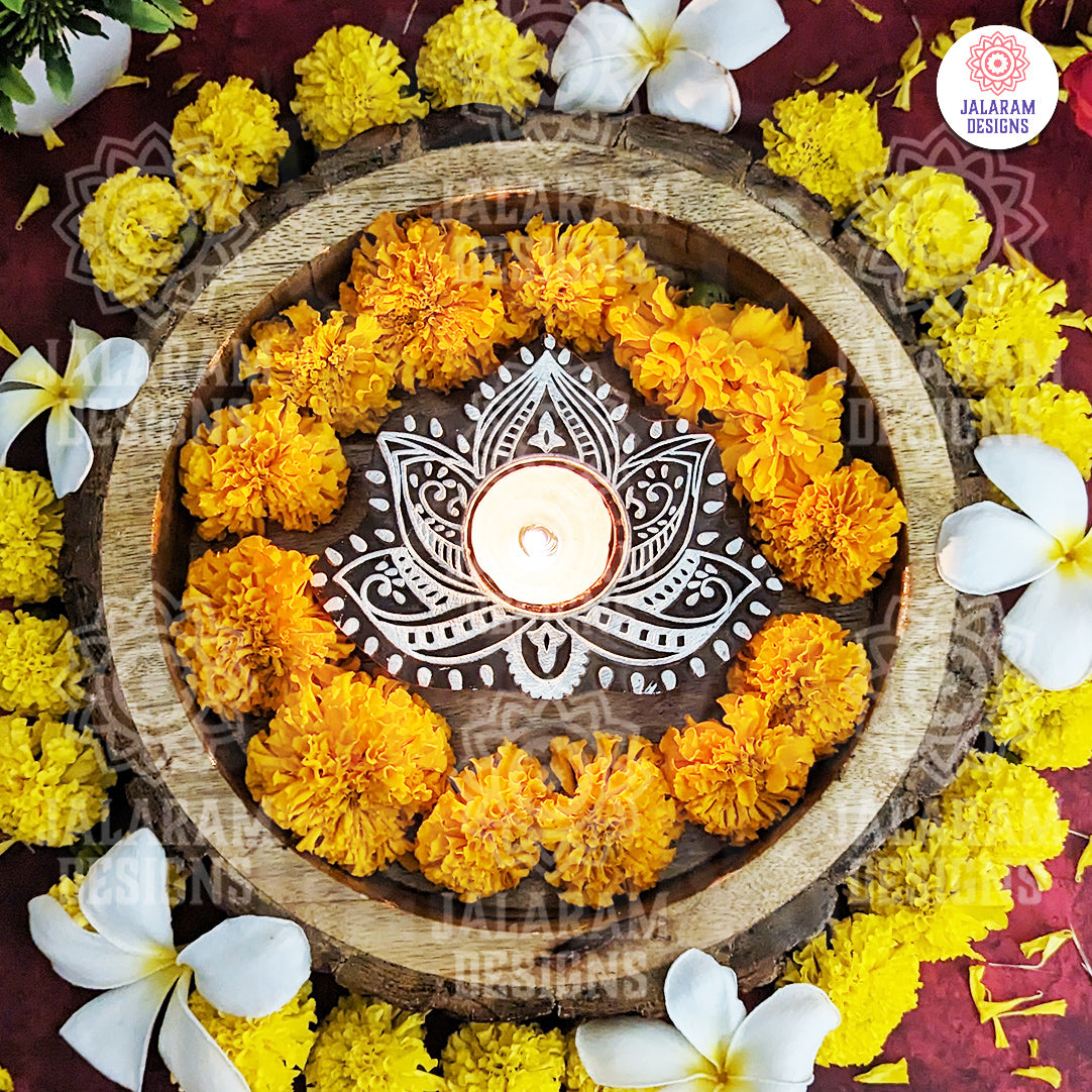 Lotus Shaped Wooden Block Tea Light Holder