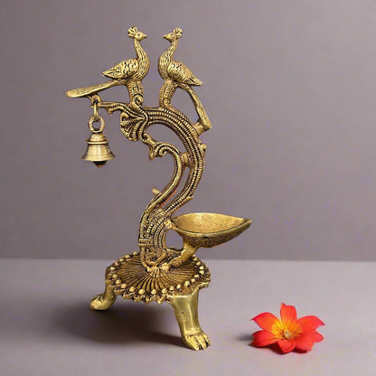 Ethnic Carved Twin Peacock Over Brass Diya