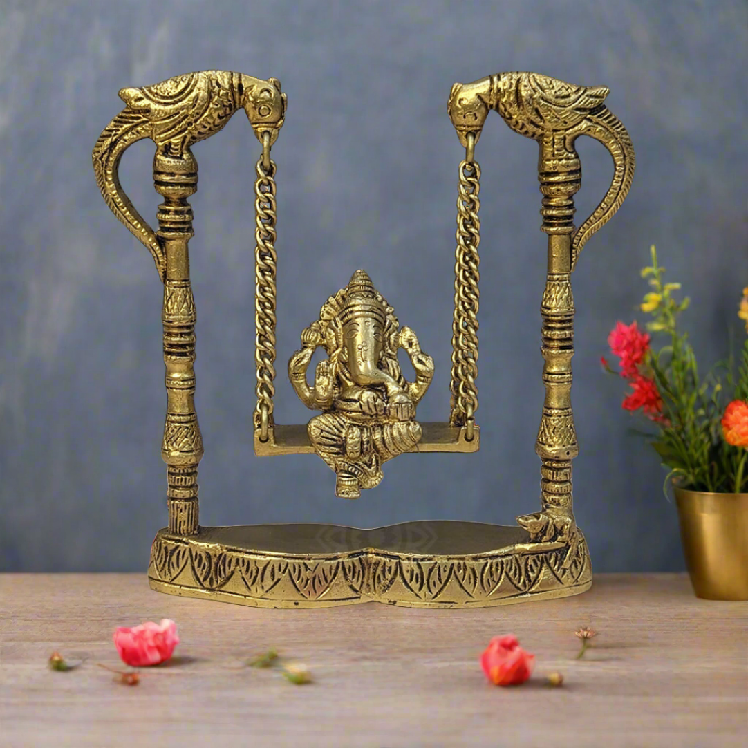 Brass Lord Ganesha Idol on Parrot Swing Jhoola For Home Decor