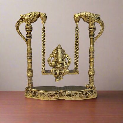 Brass Lord Ganesha Idol on Parrot Swing Jhoola For Home Decor