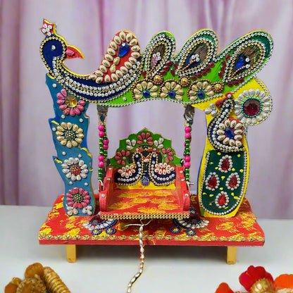 Beautiful Wooden Handicrafted Peacock Swing Jhula for Laddu Gopal Krishna for Home Mandir Temple
