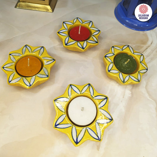 Blue Pottery Yellow Flower Design Tea Lights - Single Piece