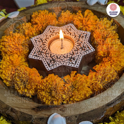 Star Shaped Wooden Block Tea Light Holder