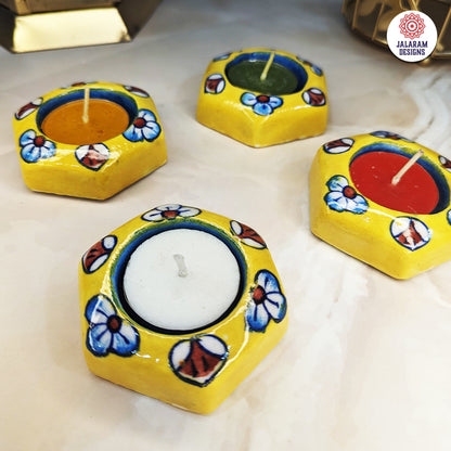 Blue Pottery Yellow Flower Hexagonal Design Tea Lights - Single Piece