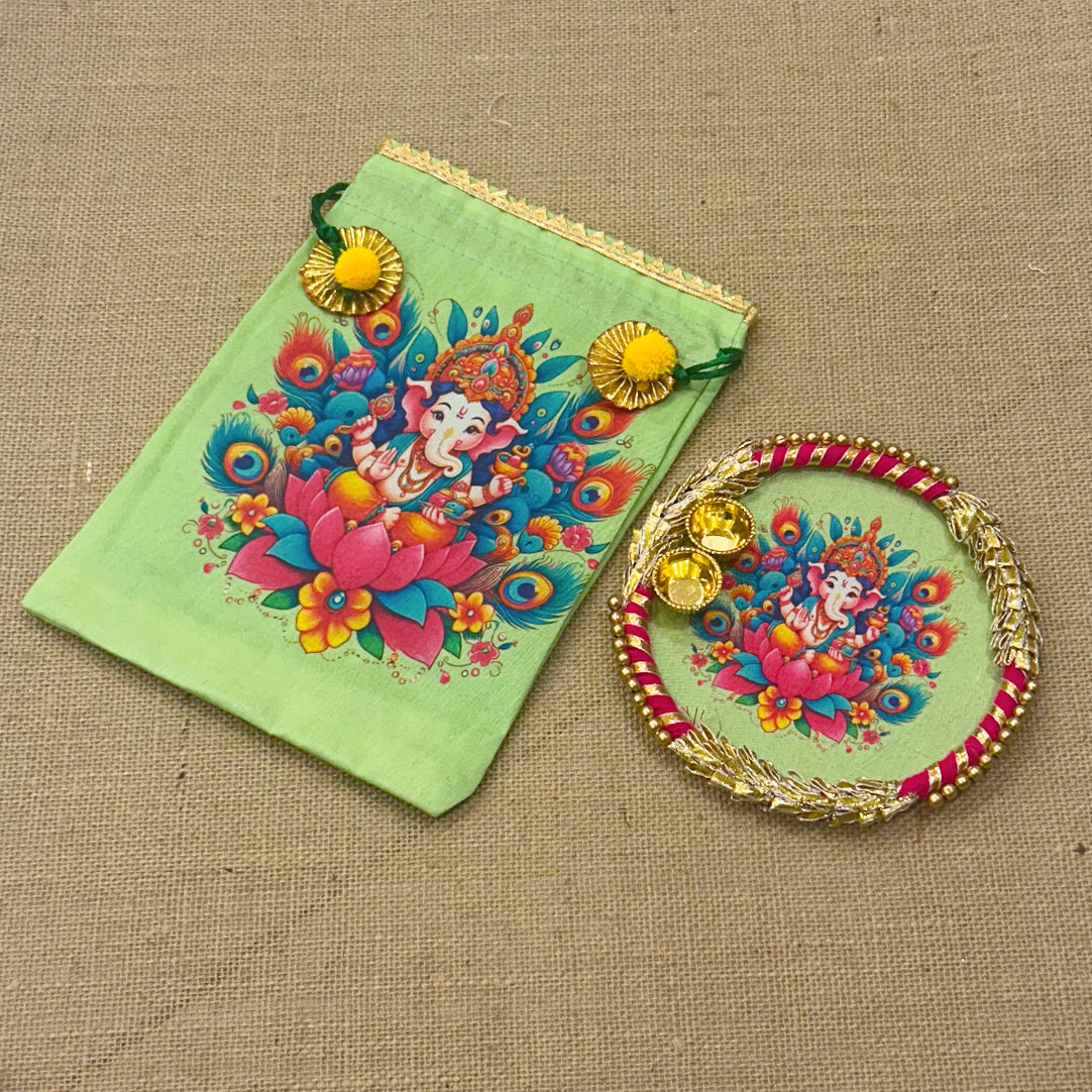 Ganesha Potli Bag with Tilak/Haldi Kumkum Platter | Diwali. Pooja, Baby Shower, Housewarming Return Gift
