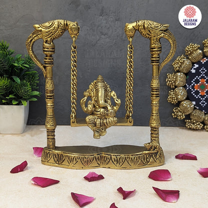 Brass Lord Ganesha Idol on Parrot Swing Jhoola For Home Decor