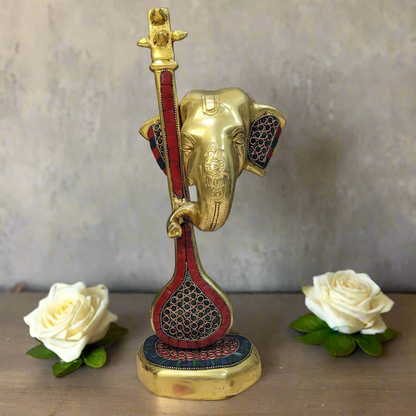 Ganesha Statue, Ganesha with Veena, Brass Ganpati Figurines, Modern Ganesha for Home, Decor, Office corner gifts.