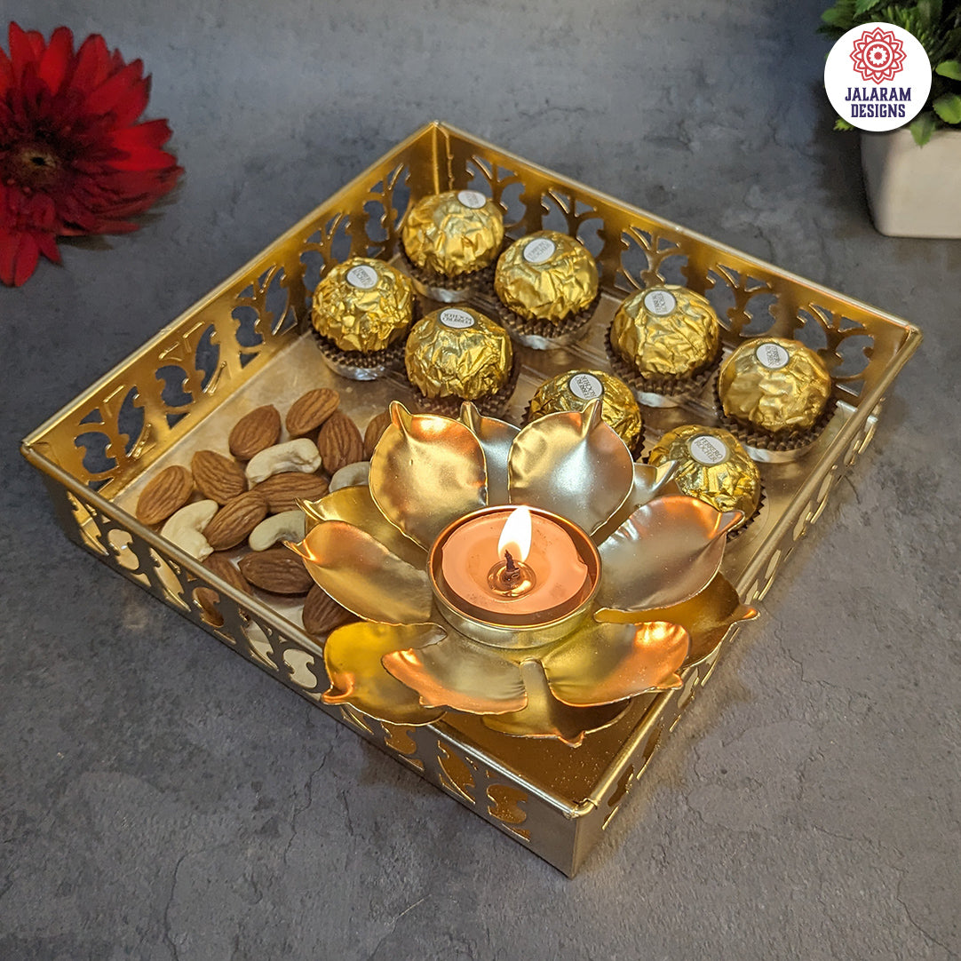 Metal Tray With Flower Diya