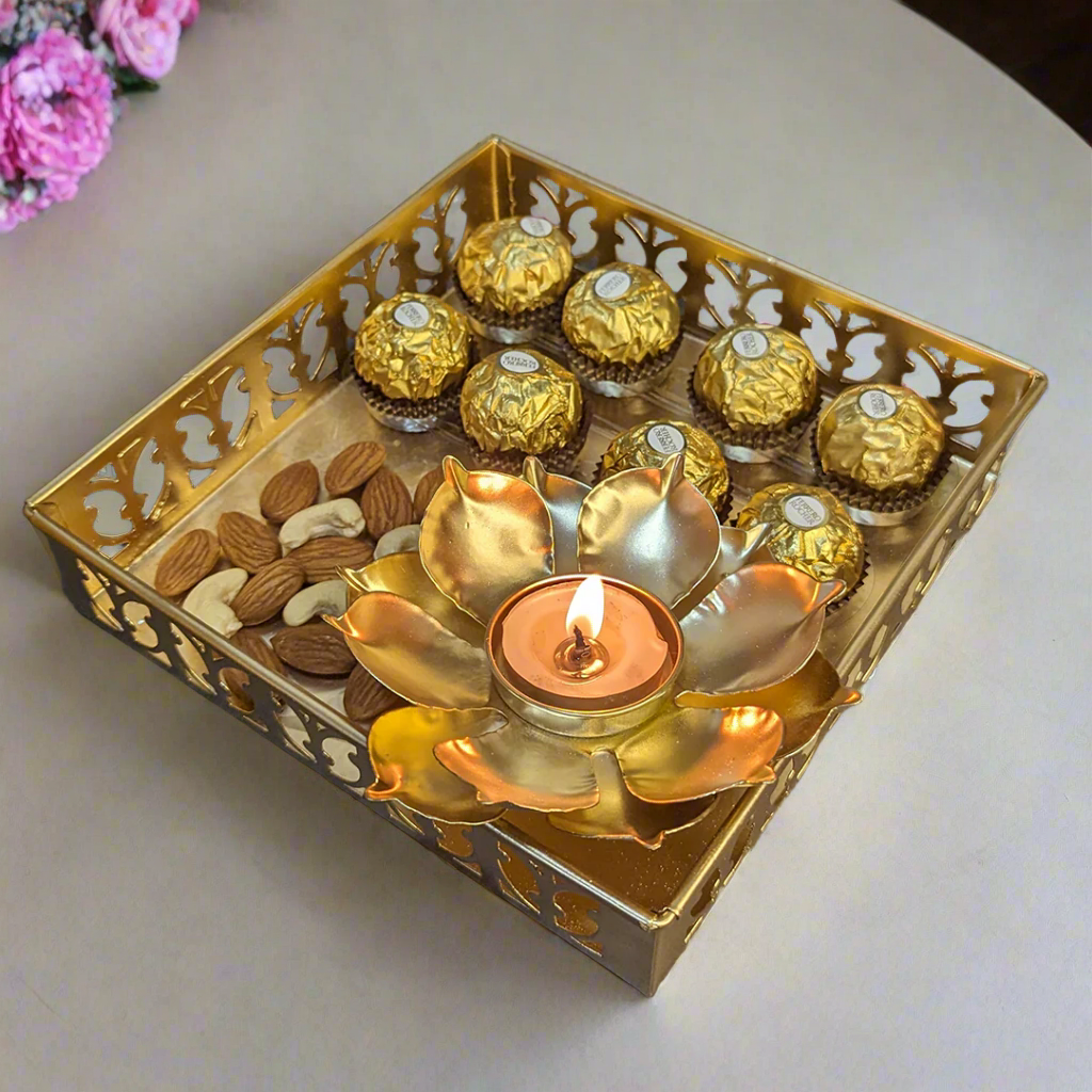 Metal Tray With Flower Diya