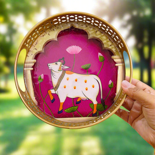 Circular Golden Tray with Purple Pichwai Cow Art – 8 Inch Decorative Tray for Festive & Home Décor