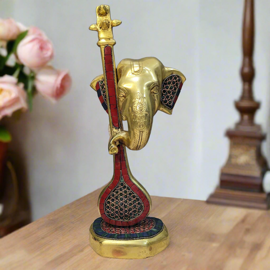 Ganesha Statue, Ganesha with Veena, Brass Ganpati Figurines, Modern Ganesha for Home, Decor, Office corner gifts.